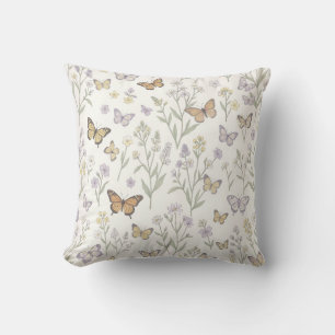 Coussin Fleurs sauvages pastel Papillons Prairie Botanique