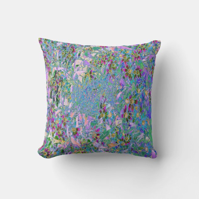 Coussin Fleurs sauvages rétro violettes, vertes et bleues  (Recto)
