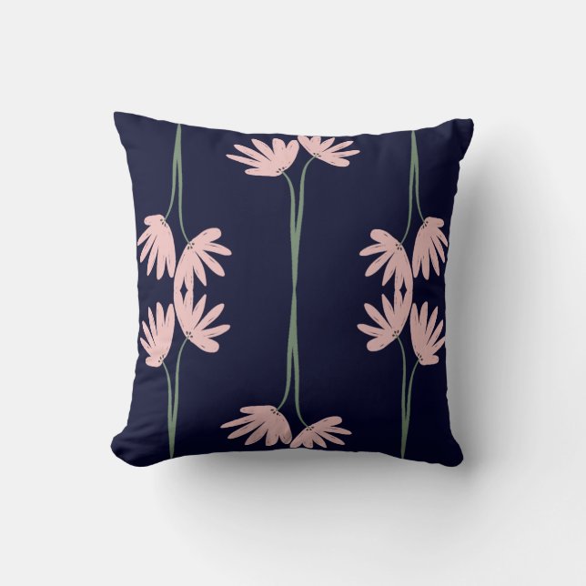 Coussin Fleurs sauvages roses dessinées à la main bleu mar (Recto)