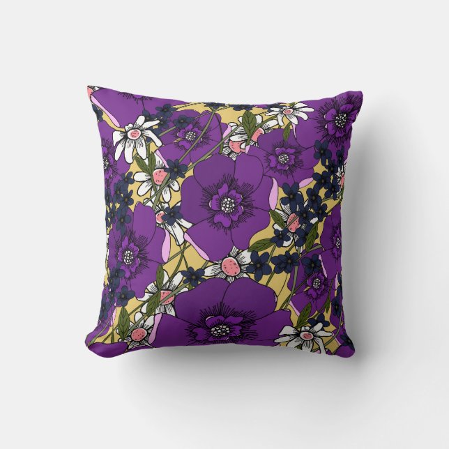 Coussin Fleurs sauvages violettes vintage (Recto)