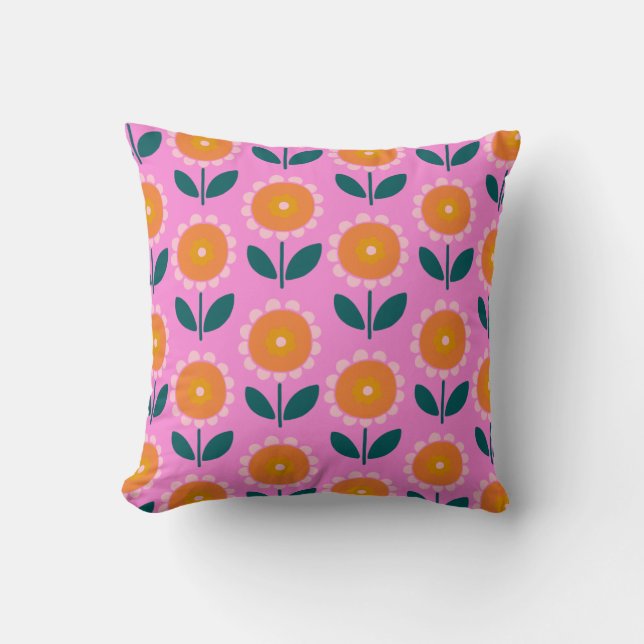 Coussin Fleurs scandinaves mignonnes en rose et orange (Recto)