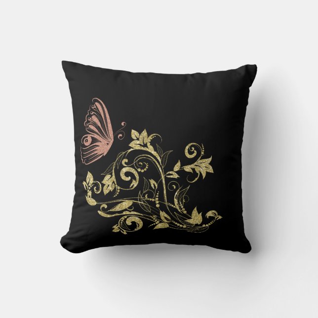 Coussin Fleurs scintillantes dorées et joli papillon rose (Recto)