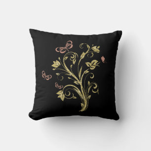 Coussin Fleurs scintillantes dorées et papillons roses