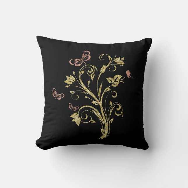 Coussin Fleurs scintillantes dorées et papillons roses (Recto)