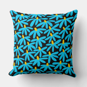 Coussin Fleurs stylisées - Bleu ciel, ambre et noir