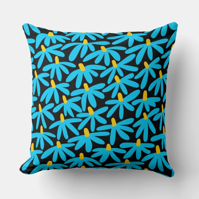 Coussin Fleurs stylisées - Bleu ciel, ambre et noir (Recto)