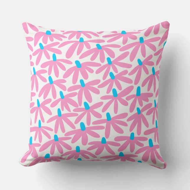 Coussin Fleurs stylisées - Rose, Bleu ciel et Blanc (Recto)