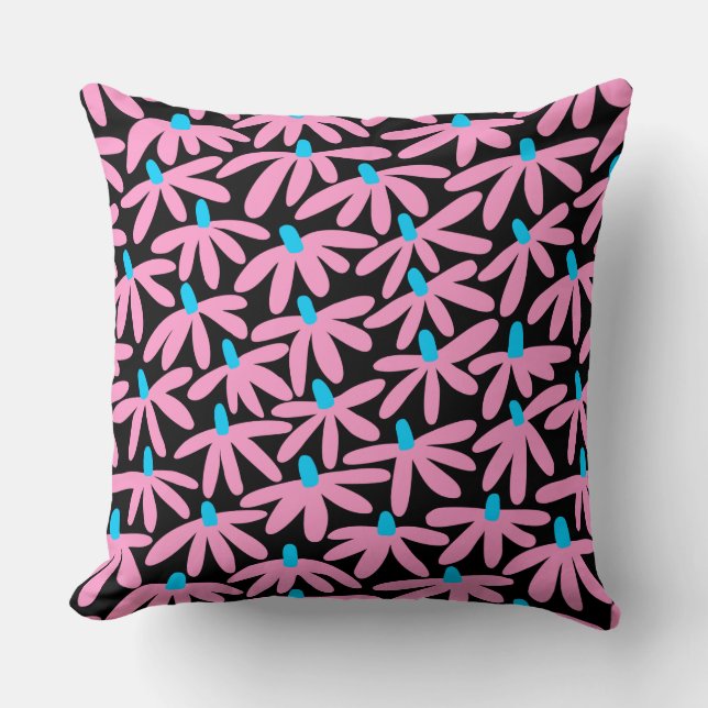 Coussin Fleurs stylisées - Rose, Bleu ciel et Noir (Recto)