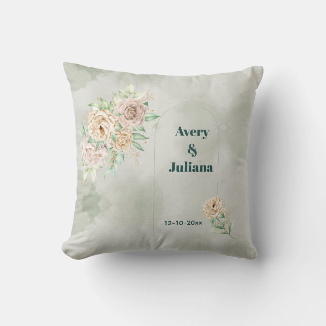 Coussin Fleurs Teintes Terrouses Élégant Bohème Vert Sauge (Recto)