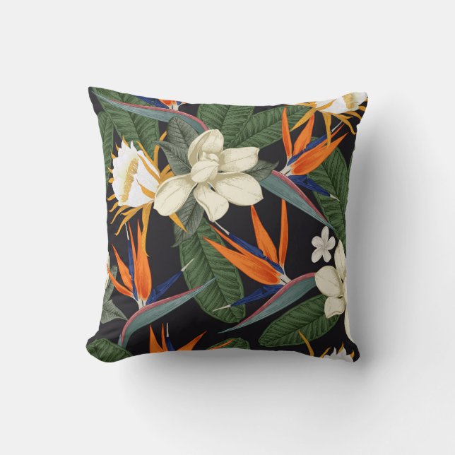 Coussin Fleurs tropicales, arrière - plan foncé, sans cout (Recto)