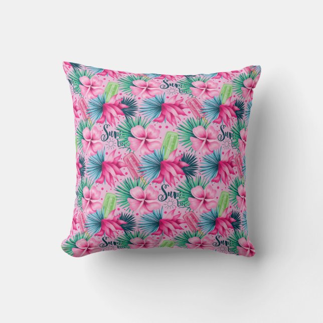 Coussin Fleurs tropicales brillantes rose vert bleu Floral (Recto)