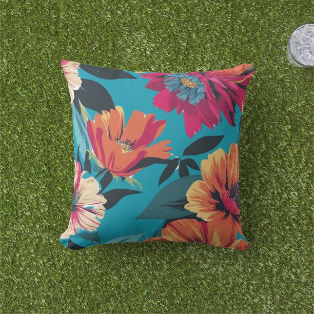 Coussin Fleurs tropicales dynamiques (Herbe)