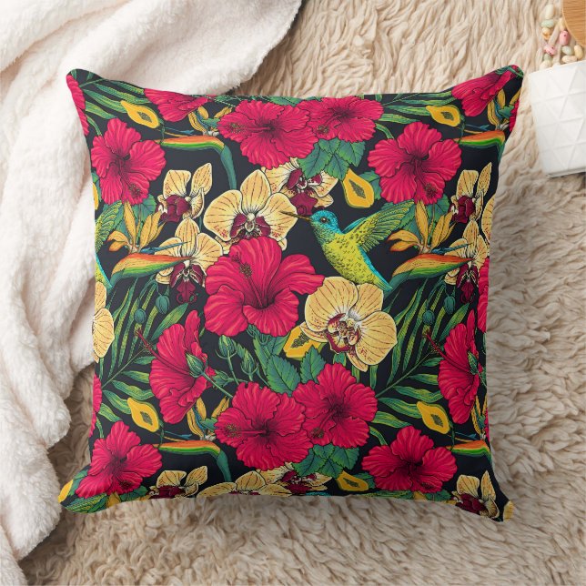 Coussin Fleurs tropicales et colibri - Botanica d'été (Couverture)