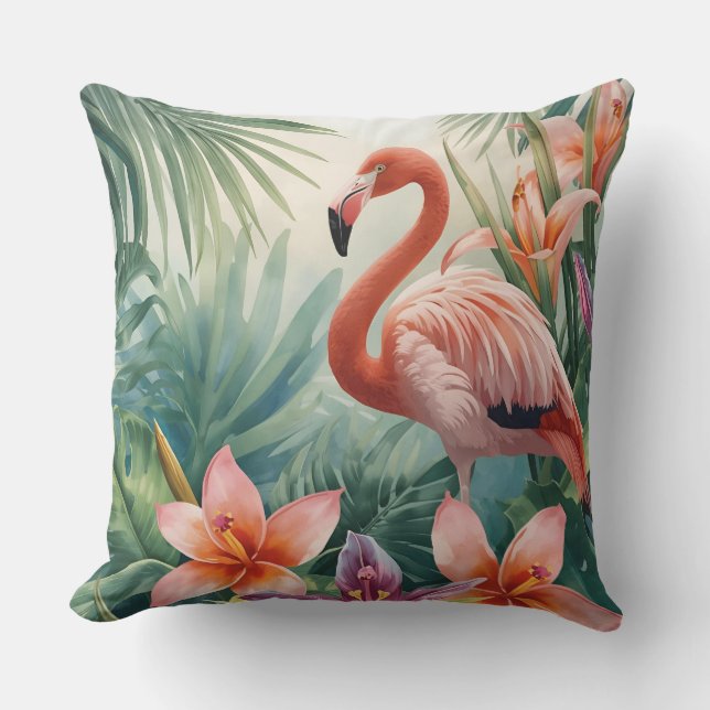 Coussin Fleurs tropicales et flamant rose (Recto)