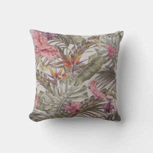 Coussin Fleurs tropicales, feuilles de palmiers, oiseau de