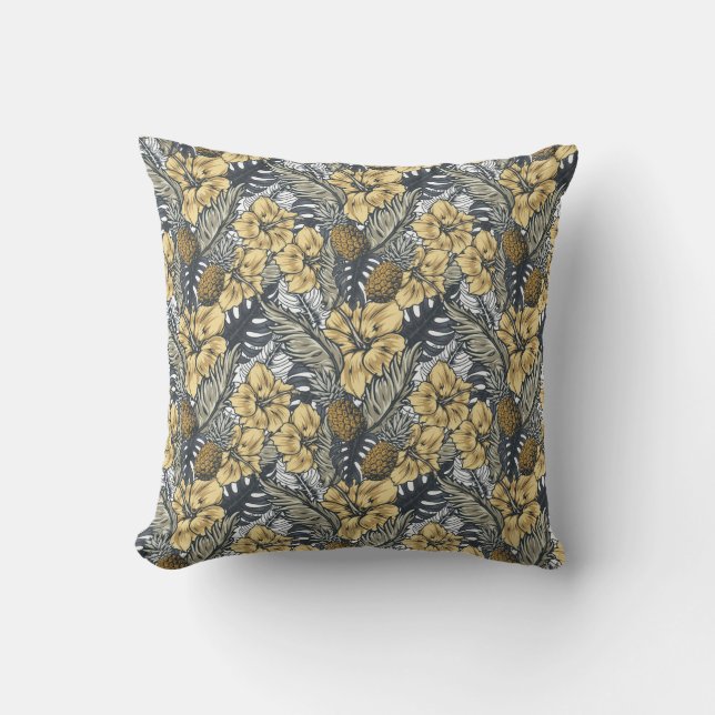 Coussin Fleurs tropicales noires et or élégantes de luxe (Recto)