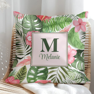 Coussin Fleurs tropicales roses et monogramme Monstera