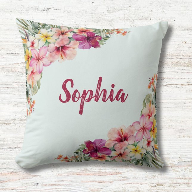 Coussin Fleurs tropicales roses monogrammées Floral Botani (Close up)