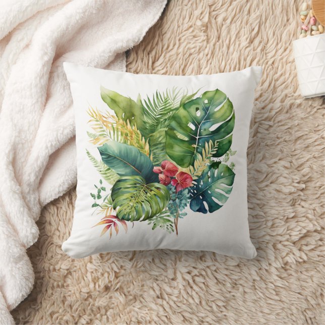 Coussin Fleurs tropicales roses vertes feuilles de palmier (Couverture)