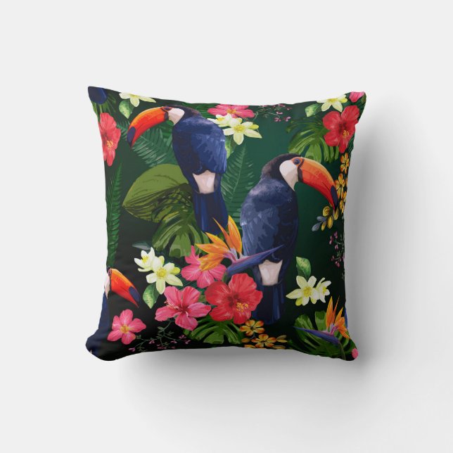 Coussin Fleurs tropicales, toucan : arrière - plan floral. (Recto)