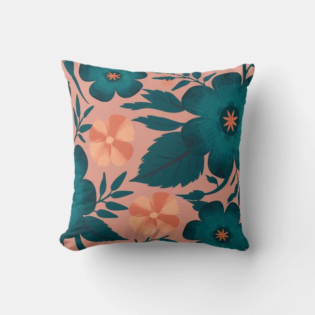 Coussin Fleurs turquoises et de Pêche sur un Arrière - pla (Recto)