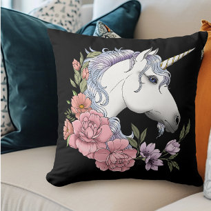 Coussin Fleurs Unicorne Blanches Rose Noir