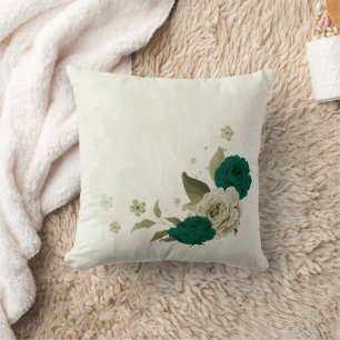 Coussin fleurs vert émeraude beige 