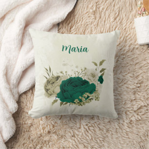 Coussin fleurs vert émeraude beige