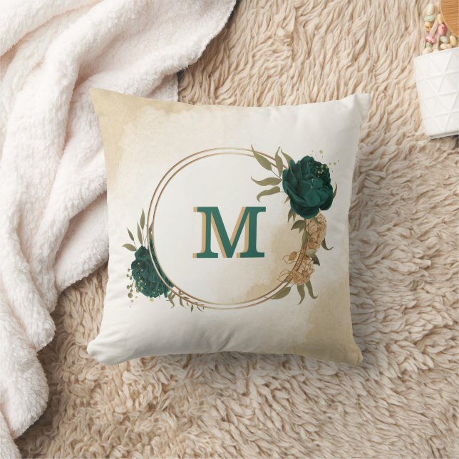 Coussin fleurs vert émeraude et or beige (Couverture)