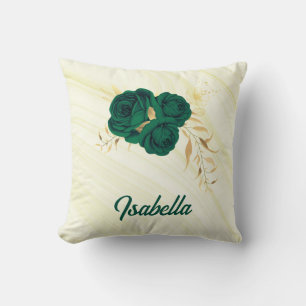 Coussin fleurs vert émeraude feuilles dorées marbre