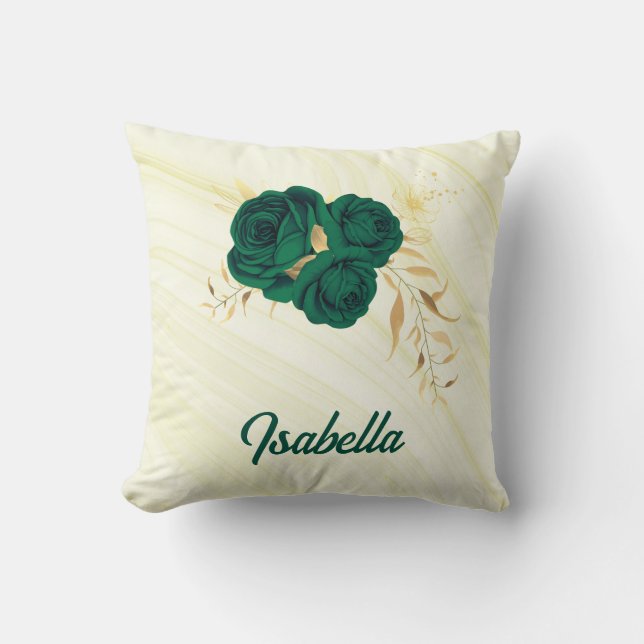 Coussin fleurs vert émeraude feuilles dorées marbre (Recto)