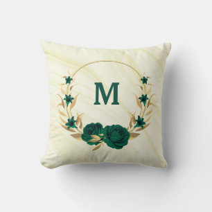 Coussin fleurs vert émeraude feuilles dorées marbre