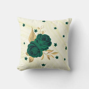 Coussin fleurs vert émeraude feuilles dorées marbre