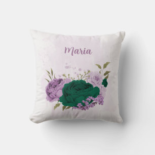 Coussin fleurs vert émeraude violet