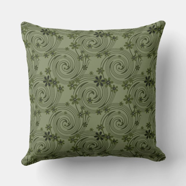 Coussin fleurs vert olive et spirales motif abstrait (Verso)