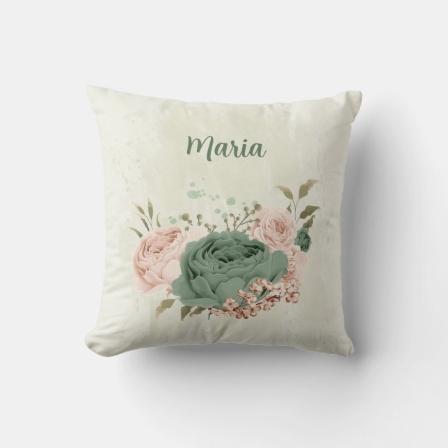 Coussin fleurs vert sauge rose blush (Recto)