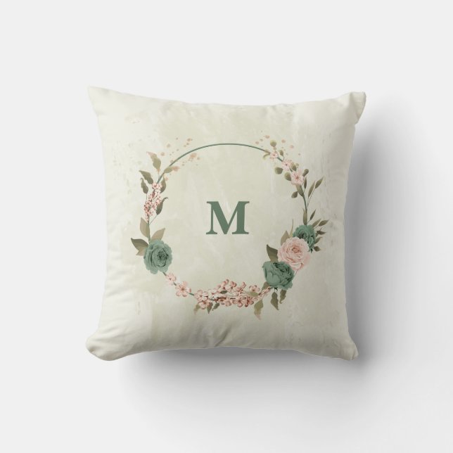 Coussin fleurs vert sauge rose blush (Recto)