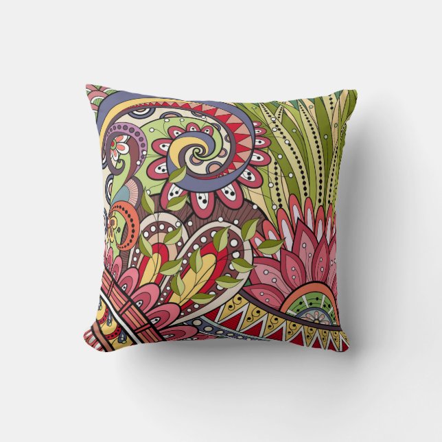 Coussin Fleurs Vertes Roses Rouges Et Motif De Fleurs (Recto)