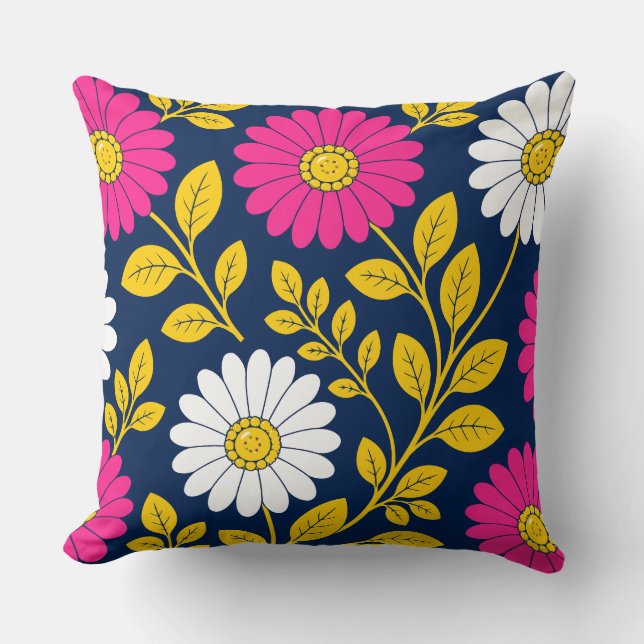 Coussin Fleurs Vibrantes avec Marguerites et Feuilles Doré (Recto)