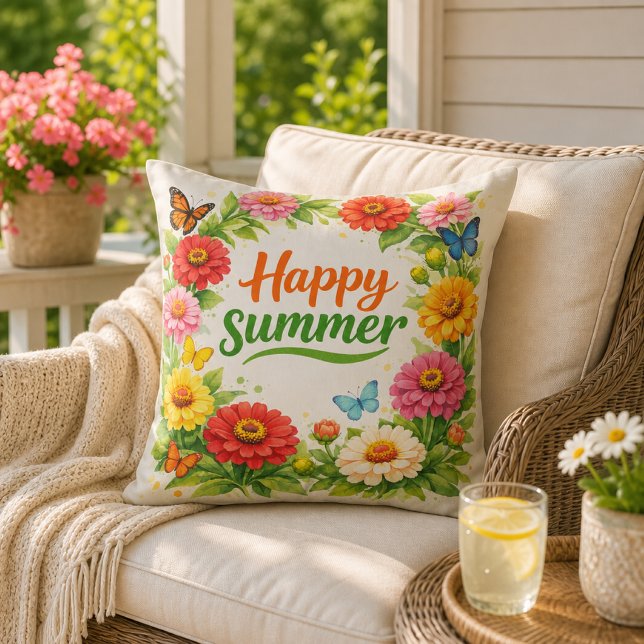 Coussin Fleurs vibrantes de Zinnia Bon Été Blanc (Créateur téléchargé)