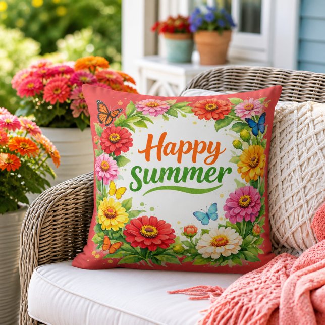 Coussin Fleurs vibrantes de Zinnia Été heureux Rouge (Créateur téléchargé)