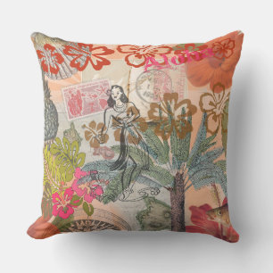 Coussin Fleurs Vintage Hula Coloré Hawaïen Tropical