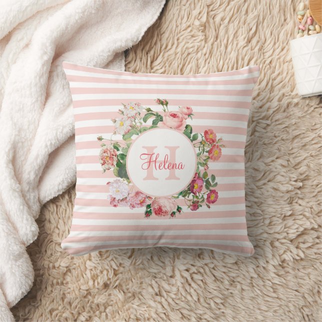 Coussin Fleurs Vintage Monogramme Rayures Roses (Couverture)
