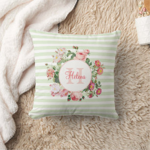 Coussin Fleurs Vintage Monogramme Rayures Vert Pastel