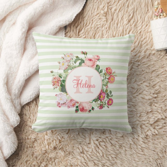 Coussin Fleurs Vintage Monogramme Rayures Vert Pastel (Couverture)