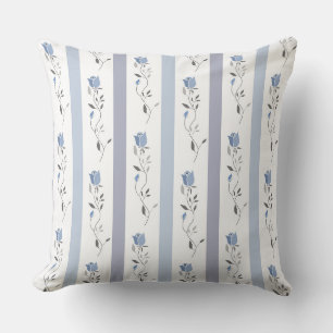 Coussin Fleurs vintage motif rayure blanc gris bleu