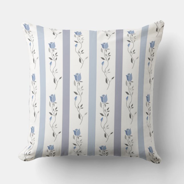 Coussin Fleurs vintage motif rayure blanc gris bleu  (Recto)