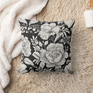 Coussin Fleurs Vintage Noir et Blanc Classique