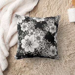 Coussin Fleurs vintage noir et blanc, motif sans couture (