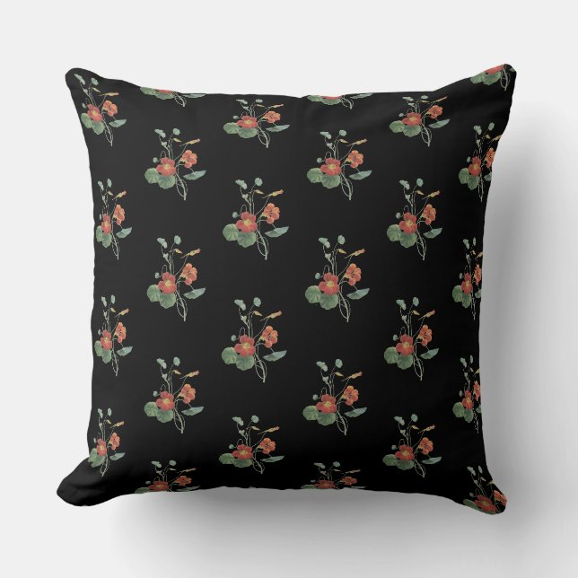 Coussin Fleurs Vintage Vert Orange Jaune Nastaturium (Recto)